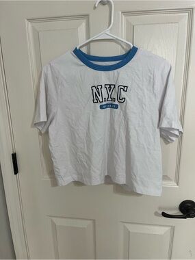 Cotton On White Crop Tee with Blue Crew Neck and NYC Print